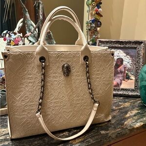Betsey Johnson Skull 💀 Boss Bag 🖤 Tote Beige Ivory XOSALLY Embossed HTF!